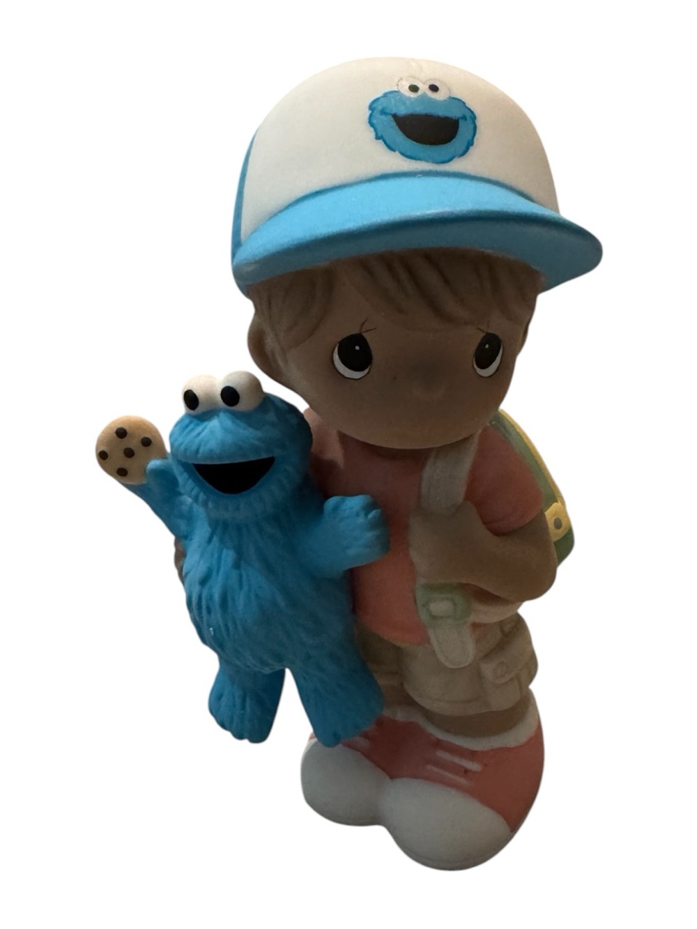 Precious Moments Boy Figurine with Blue Cookie Monster Plush and Blue Cap